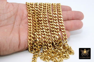 Gold Curb Chain, 10 mm Stainless Steel Large Heavy Flat, 304 Cuban Diamond Cut Oval Unfinished Silver Chains - A Girls Gems
